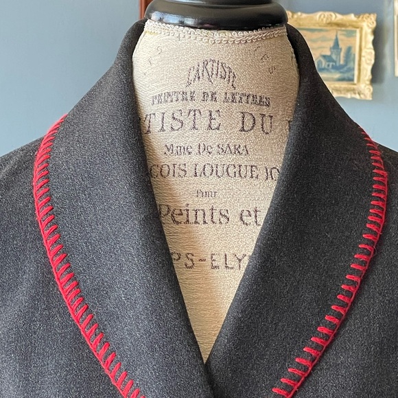 Dana Buchman button down dark gray with red trim light wool long spring jacket - Picture 4 of 14